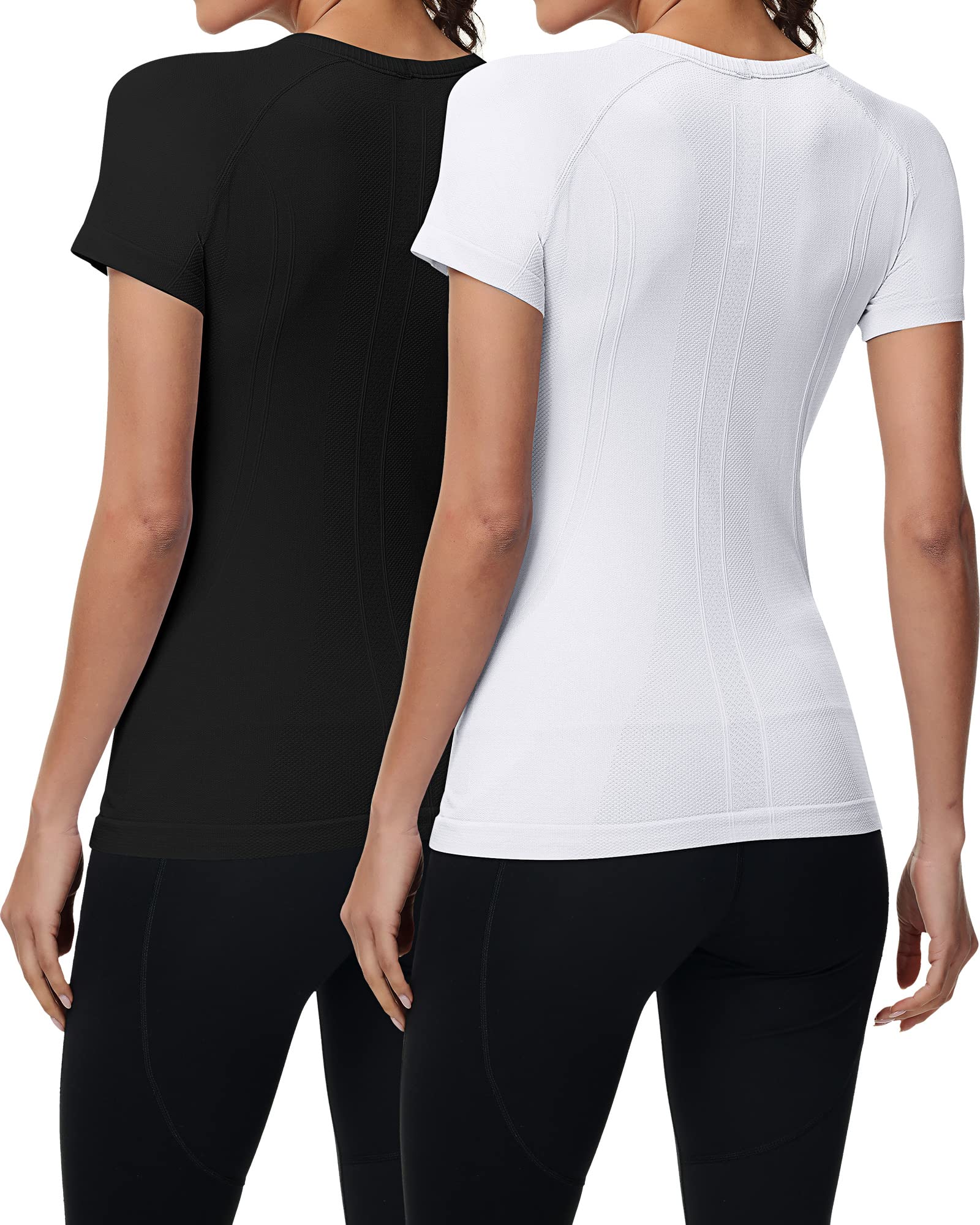 2 Pieces Women Long Sleeve Workout Shirt Seamless Workout Shirts with Thumb Holes Fitted Top Sports Yoga Athletic Shirt Top (Short Sleeve White, Black, X-Small)