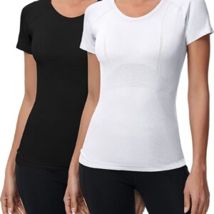 2 Pieces Women Long Sleeve Workout Shirt Seamless Workout Shirts with Thumb Holes Fitted Top Sports Yoga Athletic Shirt Top (Short Sleeve White, Black, X-Small)