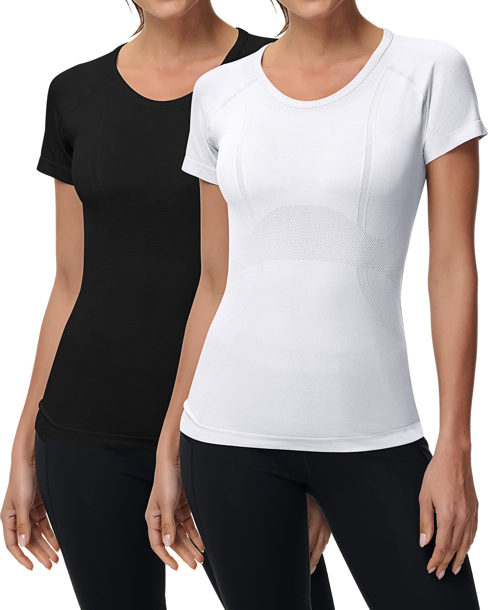 2 Pieces Women Long Sleeve Workout Shirt Seamless Workout Shirts with Thumb Holes Fitted Top Sports Yoga Athletic Shirt Top (Short Sleeve White, Black, X-Small)