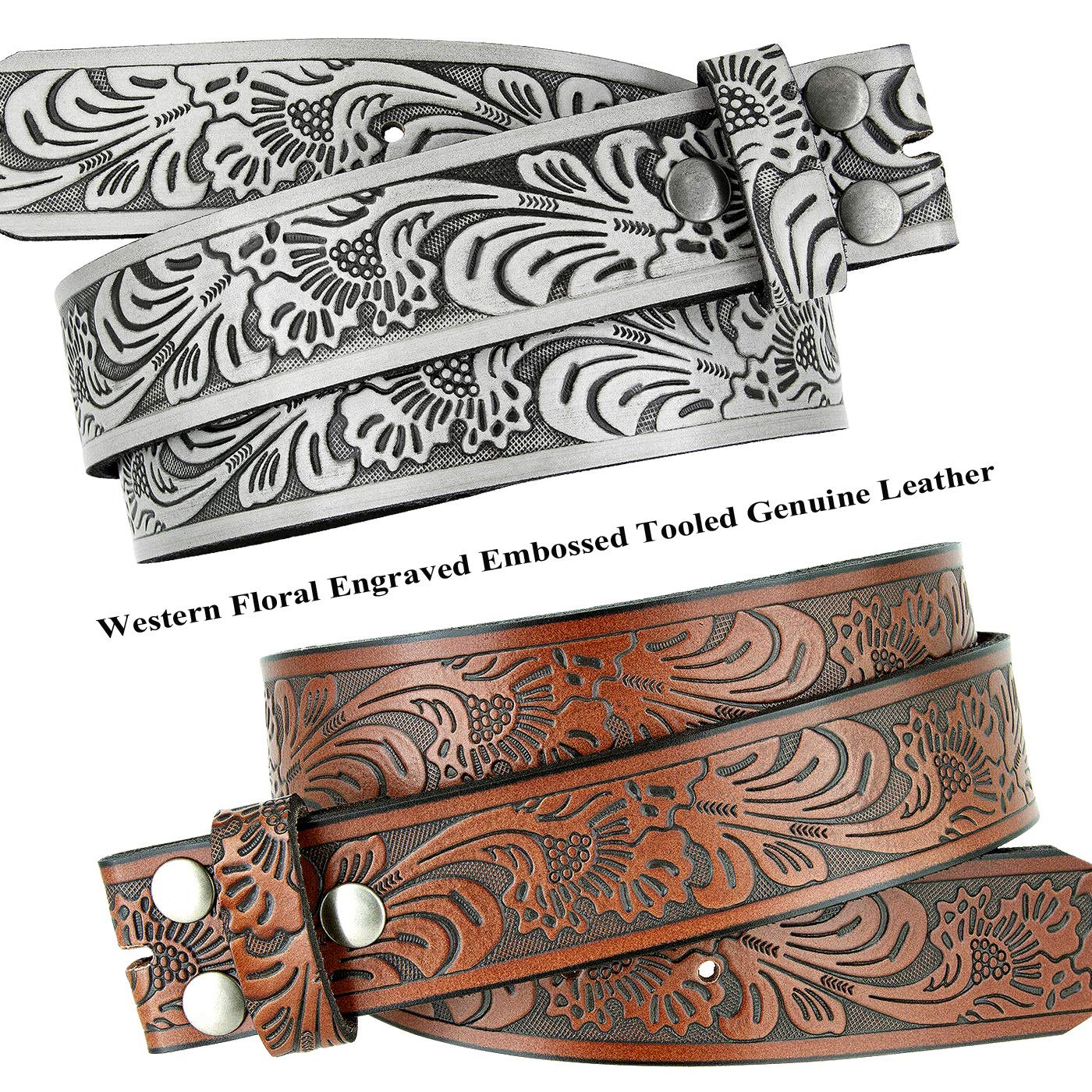 BS220 Western Floral Engraved Embossed Tooled Genuine Leather Belt Strap w/Snaps 1 1/2" Wide (Brown, 30)