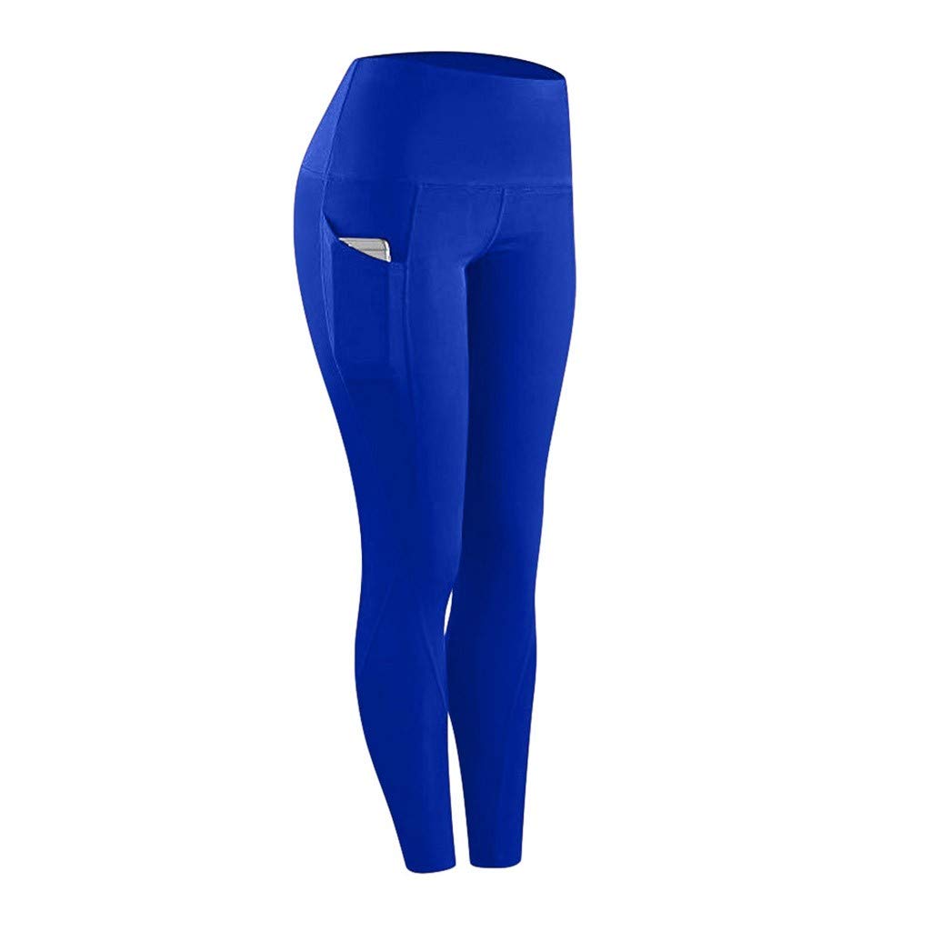 Women's Yoga Pants with Pocket High Waisted Tummy Control Gym Athletic Leggings Running Workout Pants Blue