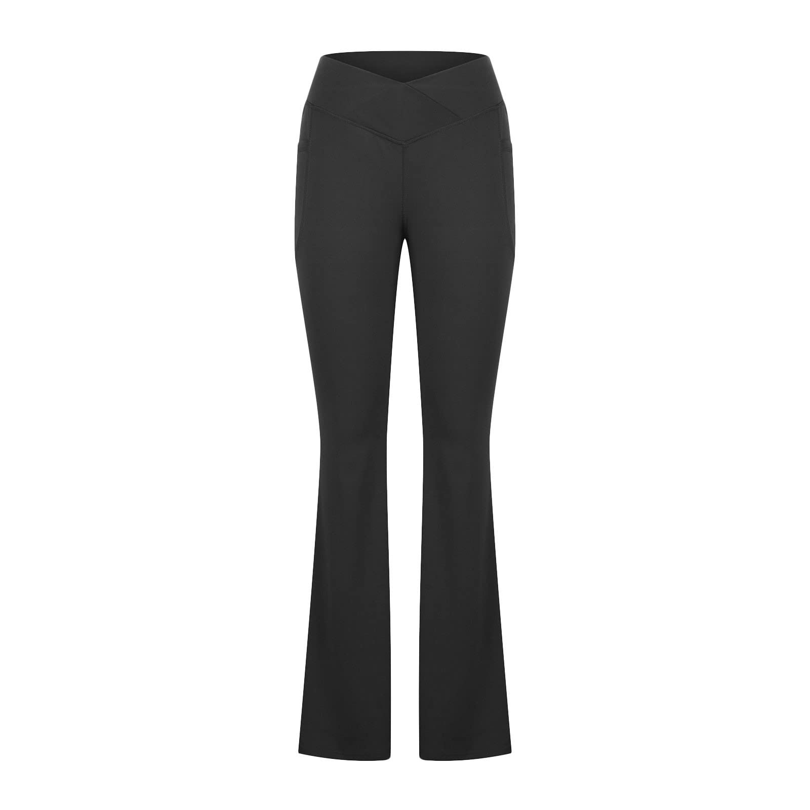 Women High Waist V Cross Pants Tummy Control Bell Bottom Bootcut Pants Casual Wide Leg Yoga Pants with Pockets Black