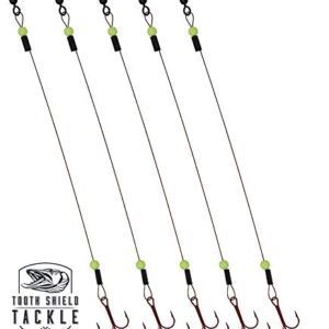 Tooth Shield Tackle Ice Fishing Tip Up Leader/Rig (90 lb) / Ice Fishing Sucker Walleye Pike Musky Predator Rig (5 Pack) [Camo Wire/Chartreuse Bead] (Hook Size: 1)