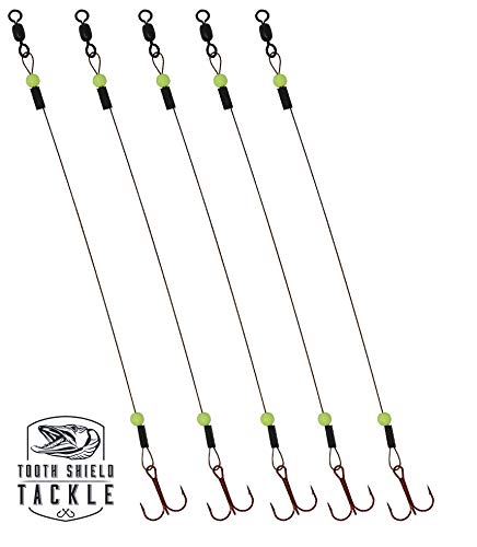 Tooth Shield Tackle Ice Fishing Tip Up Leader/Rig (90 lb) / Ice Fishing Sucker Walleye Pike Musky Predator Rig (5 Pack) [Camo Wire/Chartreuse Bead] (Hook Size: 1)