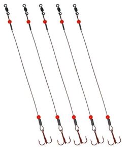 tooth shield tackle ice fishing tip up leader/rig (90 lb) / ice fishing sucker walleye pike musky predator rig (5 pack) [camo wire/red bead] (hook size: 2)