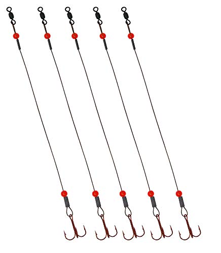 Tooth Shield Tackle Ice Fishing Tip Up Leader/Rig (90 lb) / Ice Fishing Sucker Walleye Pike Musky Predator Rig (5 Pack) [Camo Wire/Red Bead] (Hook Size: 2)