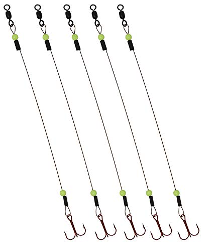 Tooth Shield Tackle Ice Fishing Tip Up Leader/Rig (90 lb) / Ice Fishing Sucker Walleye Pike Musky Predator Rig (5 Pack) [Camo Wire/Chartreuse Bead] (Hook Size: 1)