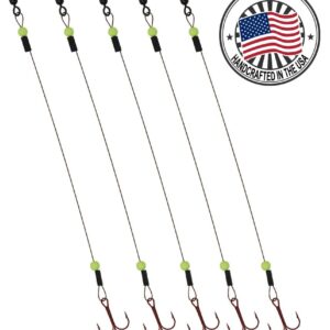 Tooth Shield Tackle Ice Fishing Tip Up Leader/Rig (90 lb) / Ice Fishing Sucker Walleye Pike Musky Predator Rig (5 Pack) [Camo Wire/Chartreuse Bead] (Hook Size: 1)