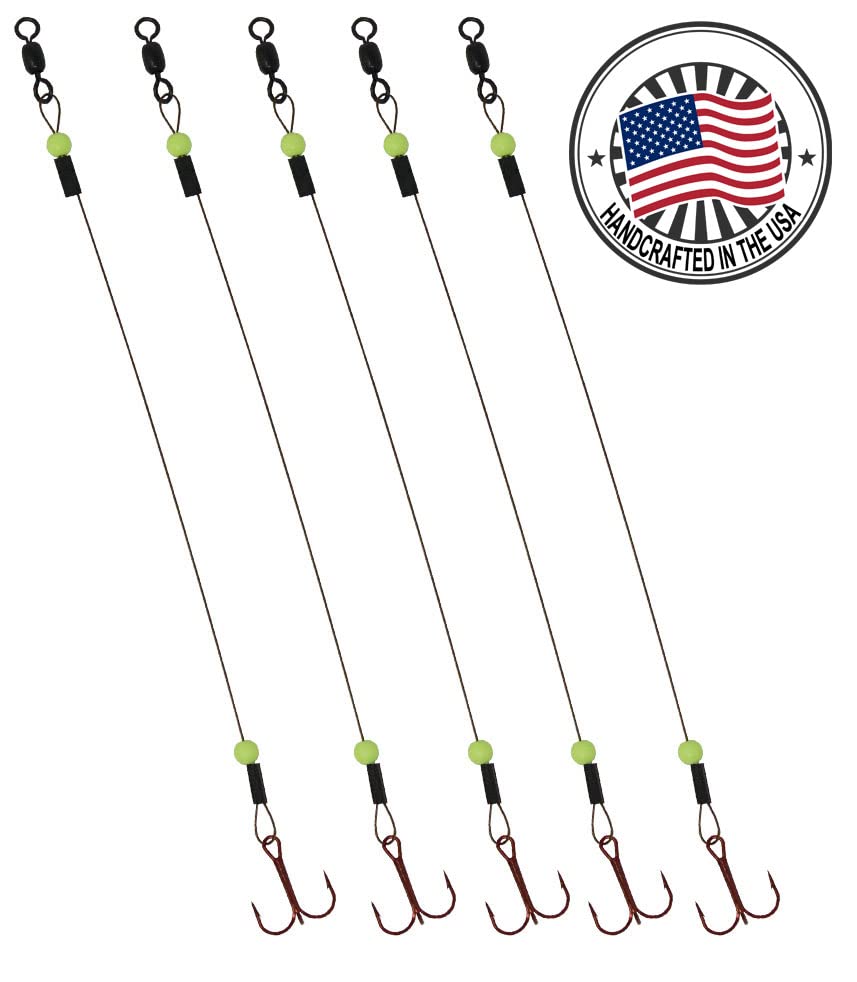 Tooth Shield Tackle Ice Fishing Tip Up Leader/Rig (90 lb) / Ice Fishing Sucker Walleye Pike Musky Predator Rig (5 Pack) [Camo Wire/Chartreuse Bead] (Hook Size: 1)