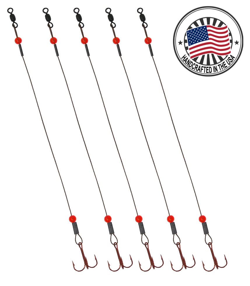 Tooth Shield Tackle Ice Fishing Tip Up Leader/Rig (90 lb) / Ice Fishing Sucker Walleye Pike Musky Predator Rig (5 Pack) [Camo Wire/Red Bead] (Hook Size: 2)