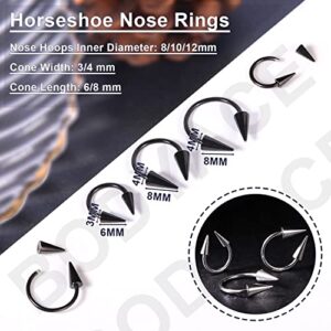 BodyAce 16G Spike Septum Rings Horseshoe Nose Rings, Rook Daith Helix Tragus Cartilage Earrings Hoop, Stainless Steel Lobe Lip Piercing for Women Men [A:3pcs 8/10/12mm Black]