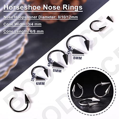 BodyAce 16G Spike Septum Rings Horseshoe Nose Rings, Rook Daith Helix Tragus Cartilage Earrings Hoop, Stainless Steel Lobe Lip Piercing for Women Men [A:3pcs 8/10/12mm Black]