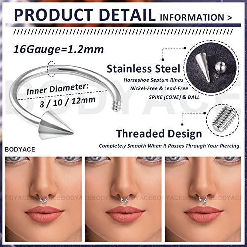 BodyAce 16G Spike Septum Rings Horseshoe Nose Rings, Rook Daith Helix Tragus Cartilage Earrings Hoop, Stainless Steel Lobe Lip Piercing for Women Men [A:3pcs 8/10/12mm Black]