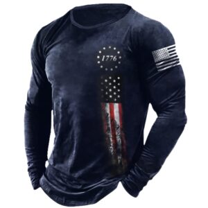 HARGLESMAN Men's Long Sleeve Tactical Patriotic T Shirt Tops Loose Fitting 1776 Flag Printed Sports Apparel Casual Tees for Tennis Paintball Activewear Clothes Navyblue XL