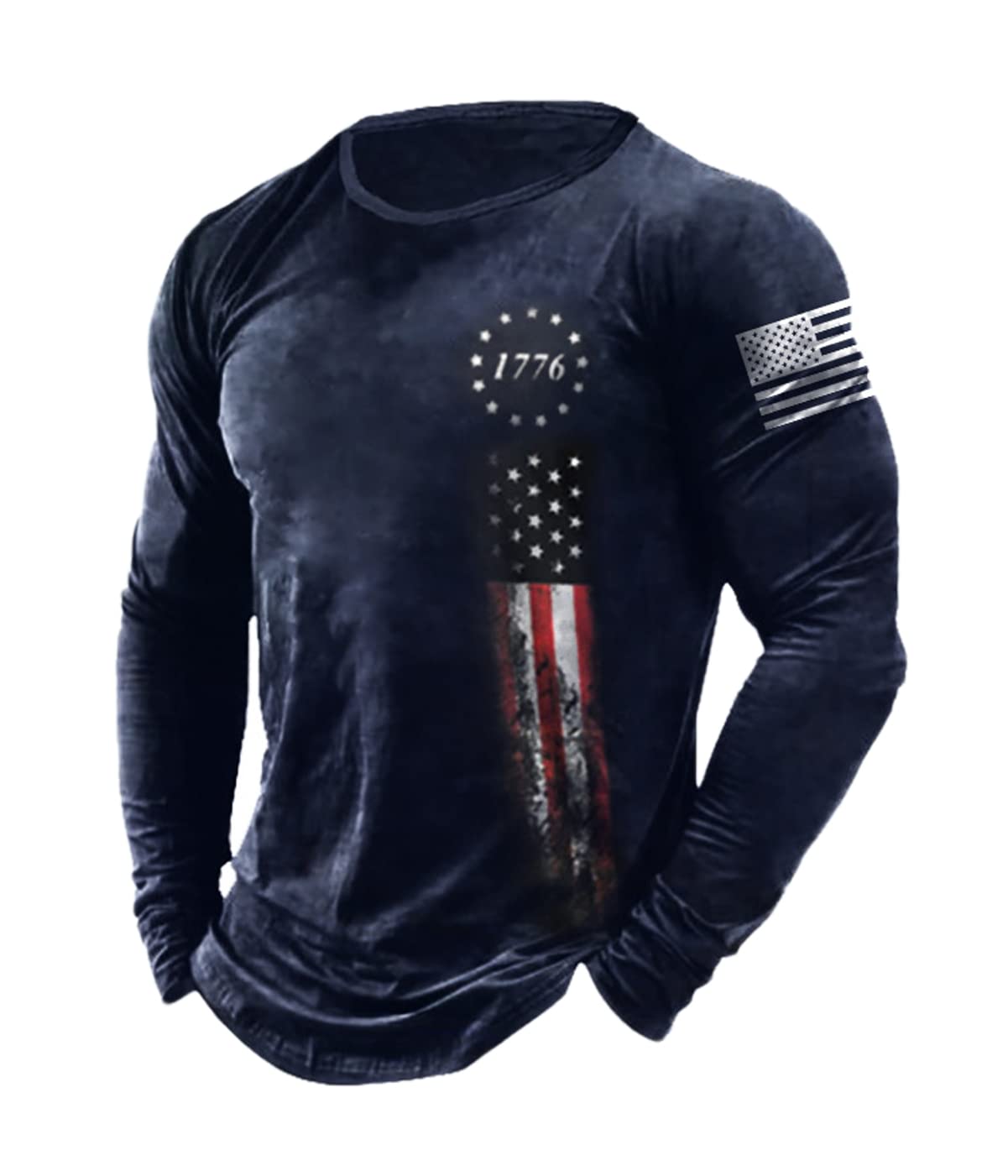 HARGLESMAN Men's Long Sleeve Tactical Patriotic T Shirt Tops Loose Fitting 1776 Flag Printed Sports Apparel Casual Tees for Tennis Paintball Activewear Clothes Navyblue XL