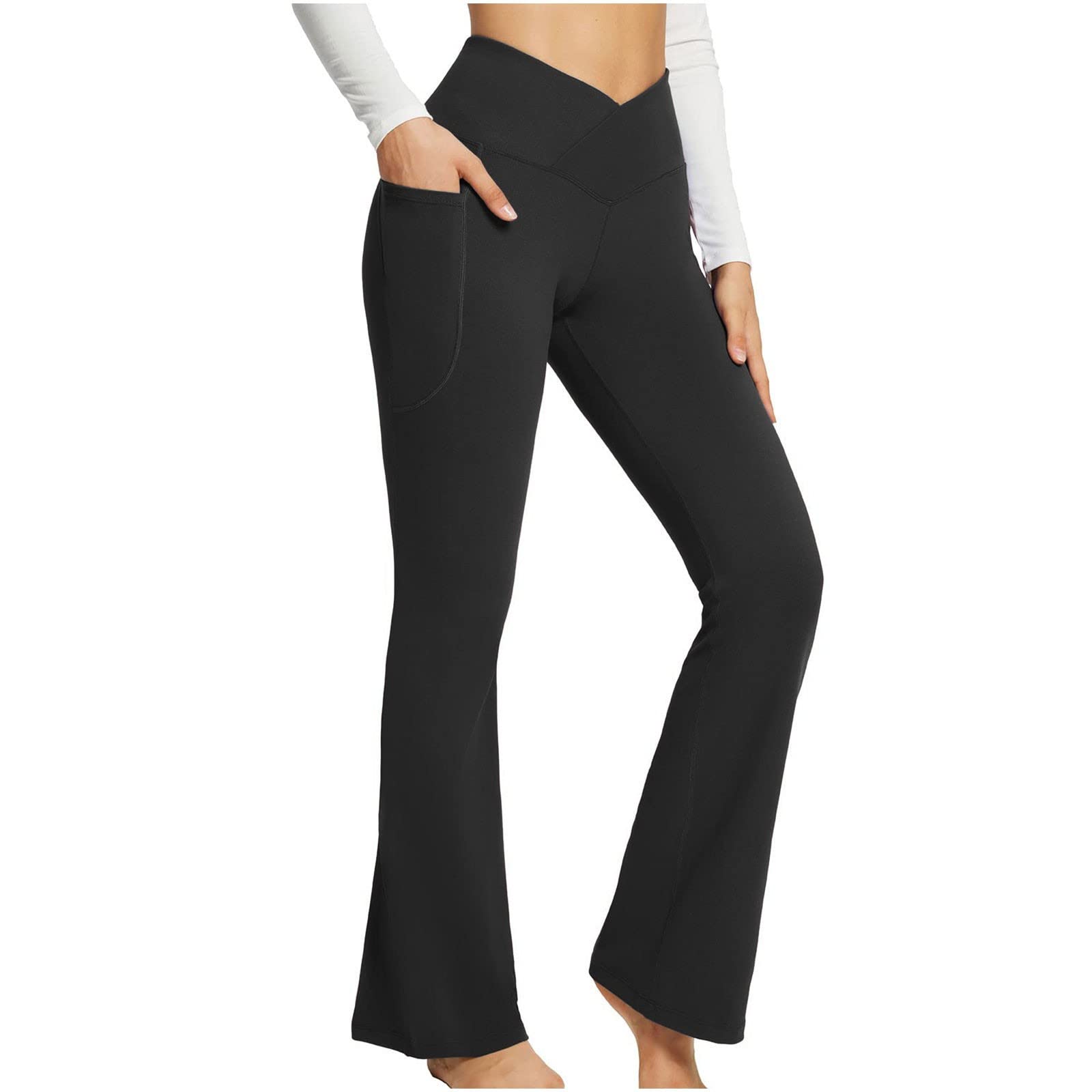 Women High Waist V Cross Pants Tummy Control Bell Bottom Bootcut Pants Casual Wide Leg Yoga Pants with Pockets Black