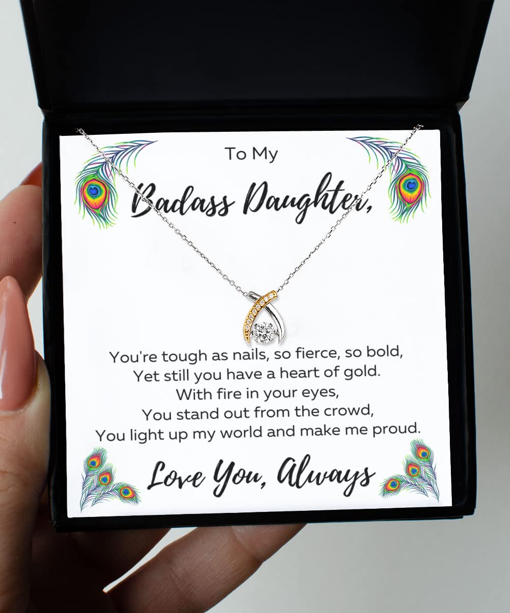 To My Badass Daughter Necklace From Mom, Birthday Gifts for Teen Girls, Father Daughter Necklace, Jewelry for Daughter, Daughter Birthday Pendant, Graduation Wishbone Necklace