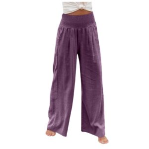 PETYCZEN Women's Cotton Linen Pants Summer Casual Smocked High Waist Straight Leg Sweatpants Relaxed Fit Wide Leg Long Pants Loose Beach Palazzo Pants Trousers with Pockets(A-Purple,Small)