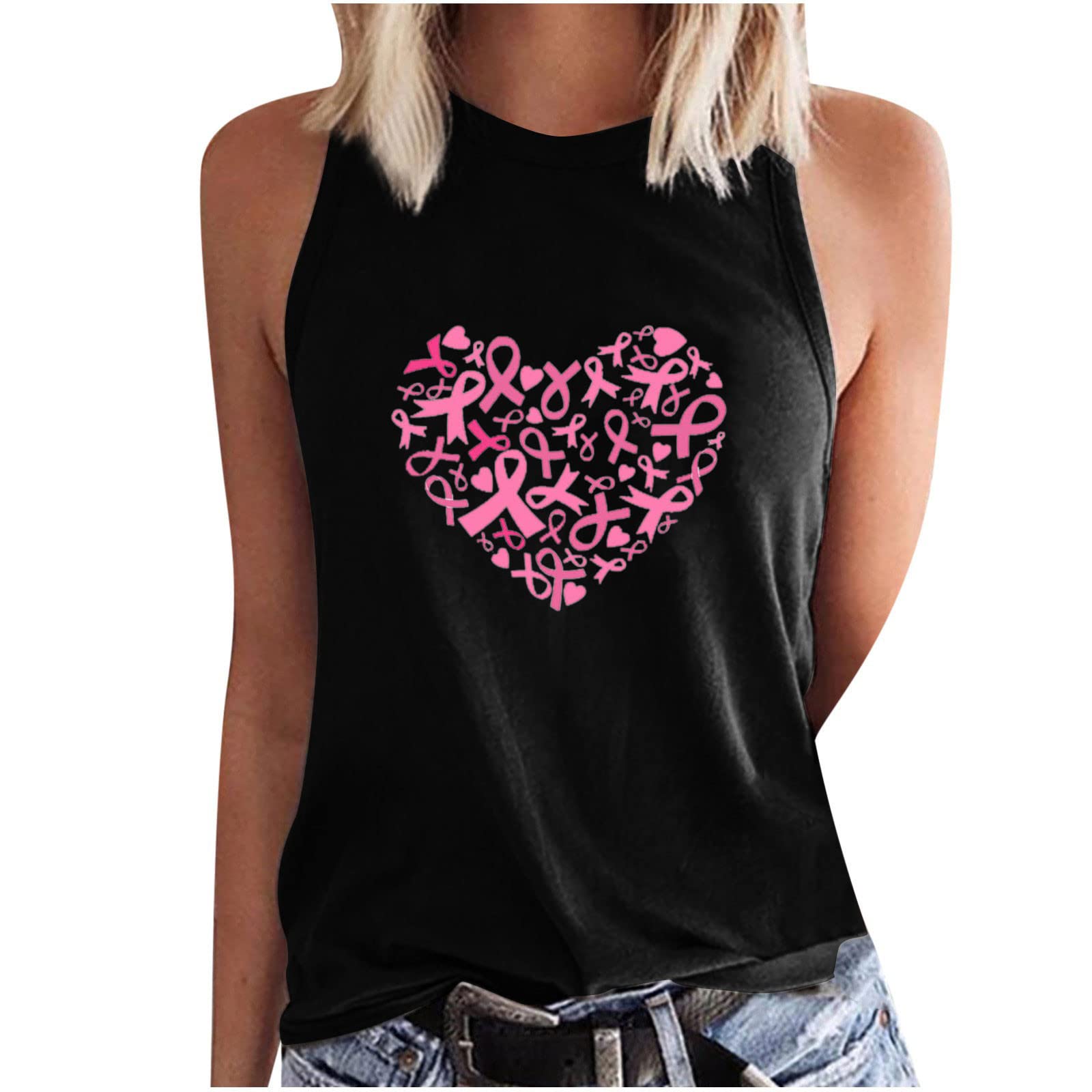 Women Breast Cancer Awareness Tank Tops Loose Fit Yoga Workout Tops Love Print Summer Sleeveless Vest Tunic T-Shirt Black