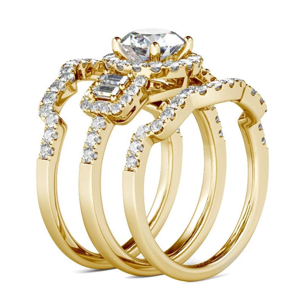 Jeulia 2 Carat Engagement Halo Rings for Women Sterling Silver Round Cut Bridal Set Cubic Zirconia Wedding Diamond Band Rings Promise Anniversary Rings for Her (Yellow gold, 10.5)