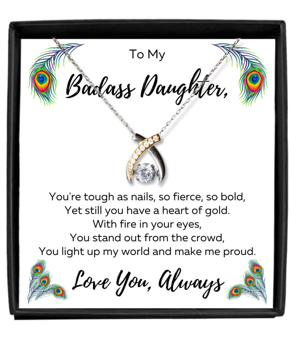 To My Badass Daughter Necklace From Mom, Birthday Gifts for Teen Girls, Father Daughter Necklace, Jewelry for Daughter, Daughter Birthday Pendant, Graduation Wishbone Necklace