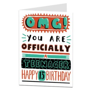 limalima funny 13th birthday card for girl or boy. omg 13 today officially a teenager. perfect for son, daughter, grandson, granddaughter, niece & nephew