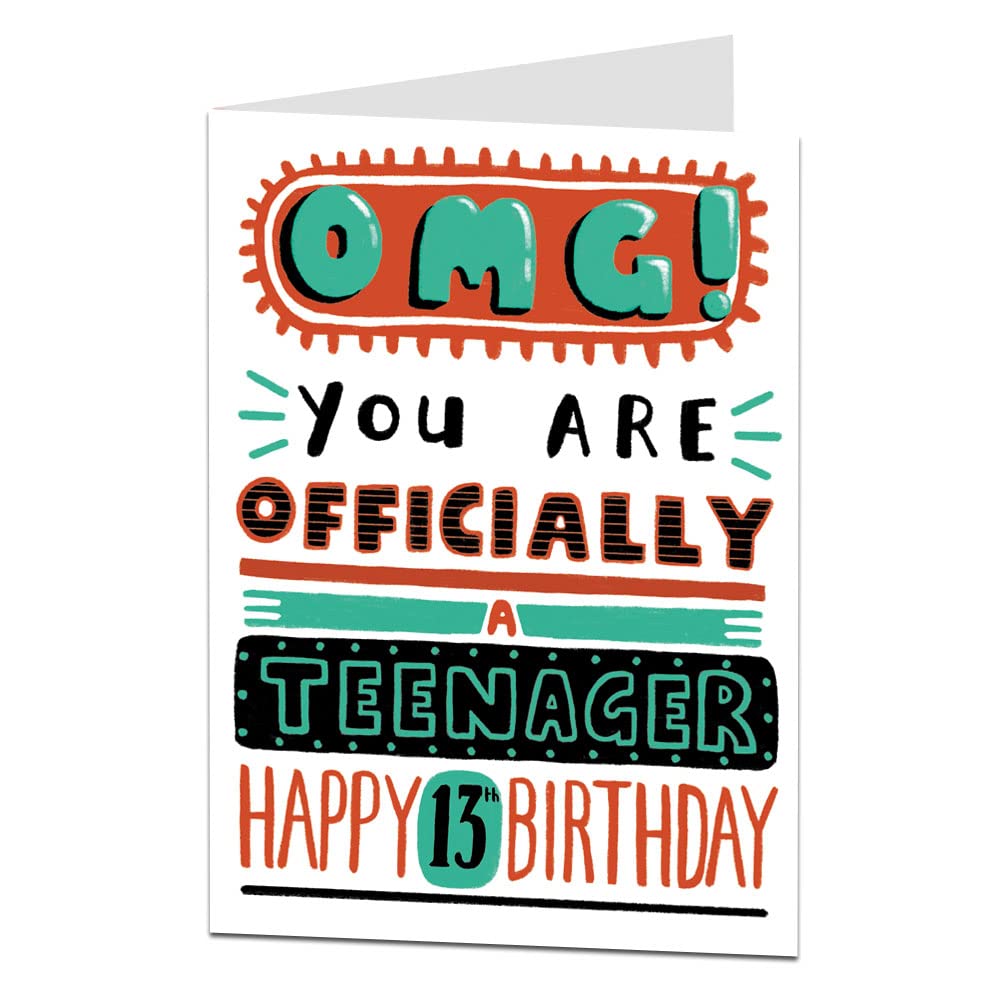 LimaLima Funny 13th Birthday Card For Girl Or Boy. OMG 13 Today Officially A Teenager. Perfect For Son, Daughter, Grandson, Granddaughter, Niece & Nephew