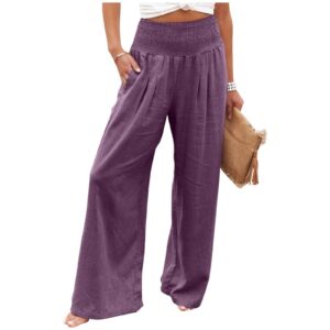 PETYCZEN Women's Cotton Linen Pants Summer Casual Smocked High Waist Straight Leg Sweatpants Relaxed Fit Wide Leg Long Pants Loose Beach Palazzo Pants Trousers with Pockets(A-Purple,Small)