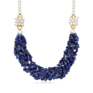 Ross-Simons Lapis Bead Necklace With 4.5-5.5mm Cultured Pearls in 18kt Gold Over Sterling. 18 inches