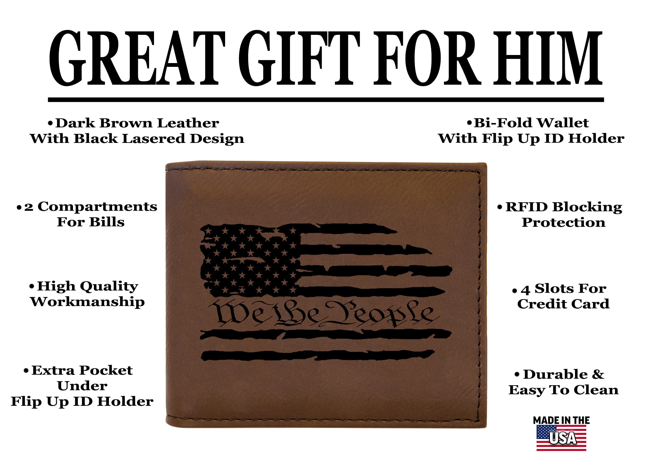 Rogue River Tactical USA American Flag We The People Constitution Men's Leather Bifold Wallet RFID Gift For Him Dad Father United States Billfold Patriotic