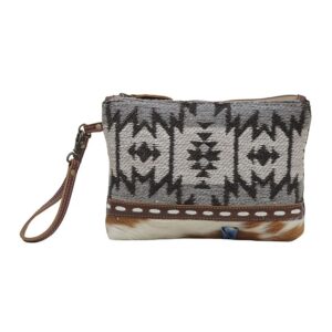 Myra Bag Western Upcycled Pouch Bag for Women - Canvas Hair On Leather Wristlet Handbag Voorpret