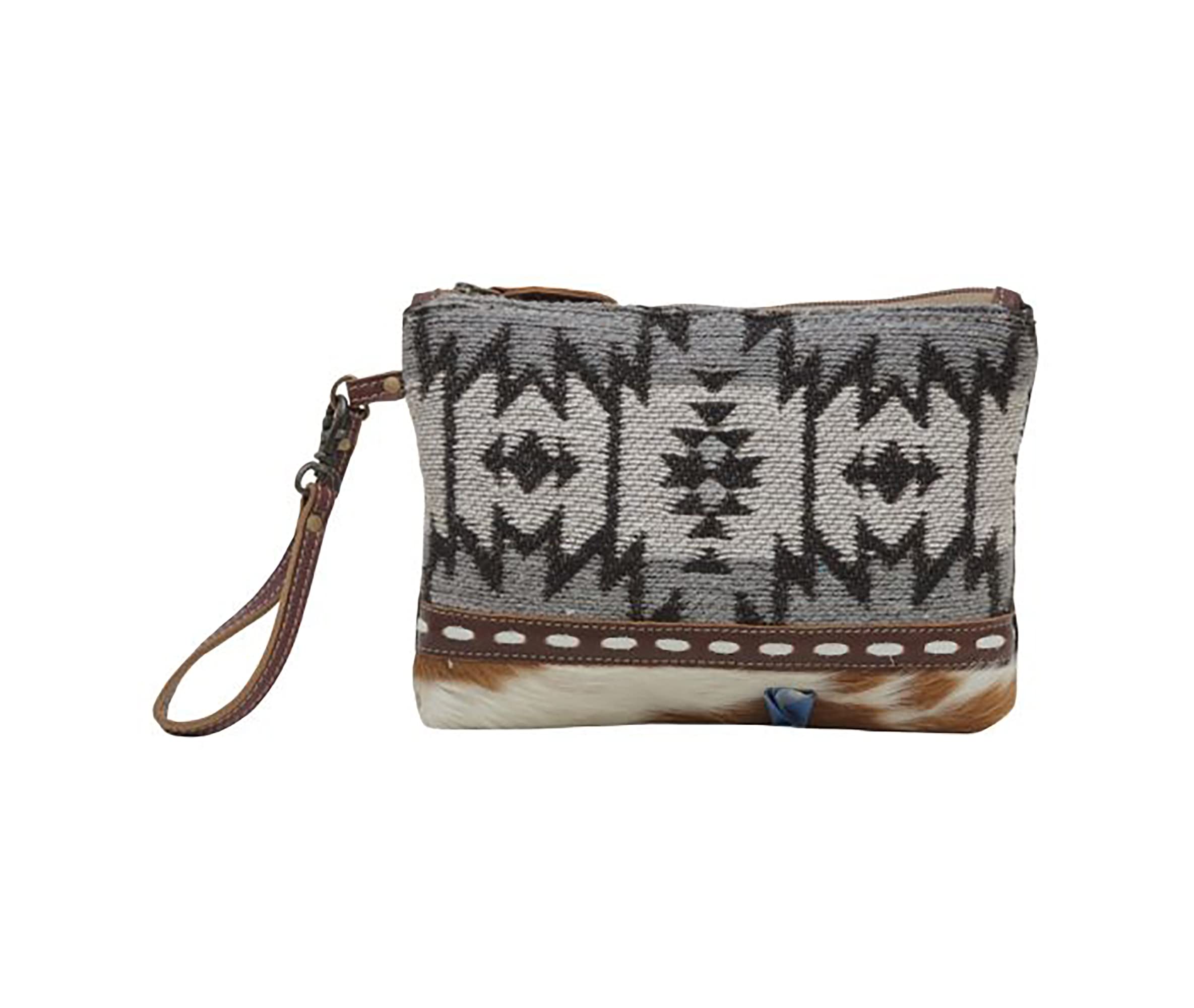 Myra Bag Western Upcycled Pouch Bag for Women - Canvas Hair On Leather Wristlet Handbag Voorpret