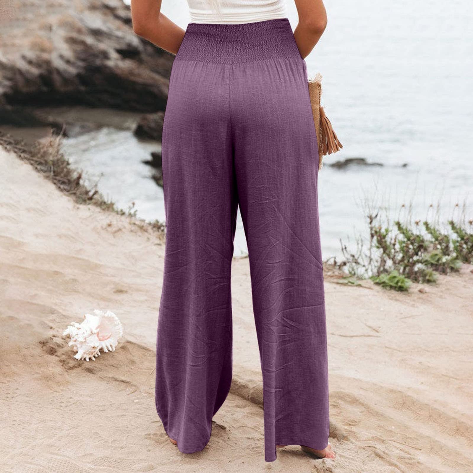 PETYCZEN Women's Cotton Linen Pants Summer Casual Smocked High Waist Straight Leg Sweatpants Relaxed Fit Wide Leg Long Pants Loose Beach Palazzo Pants Trousers with Pockets(A-Purple,Small)