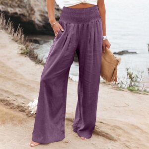 PETYCZEN Women's Cotton Linen Pants Summer Casual Smocked High Waist Straight Leg Sweatpants Relaxed Fit Wide Leg Long Pants Loose Beach Palazzo Pants Trousers with Pockets(A-Purple,Small)