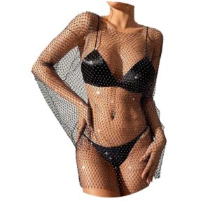 Fstrend Crystal Mesh Body Chains Rhinestone Fishnet Black Crop Top Long Sleeves See Through Bikini (as1, alpha, l, x_l, plus, regular, Black-long clothes)