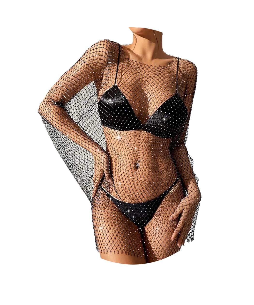 Fstrend Crystal Mesh Body Chains Rhinestone Fishnet Black Crop Top Long Sleeves See Through Bikini (as1, alpha, l, x_l, plus, regular, Black-long clothes)