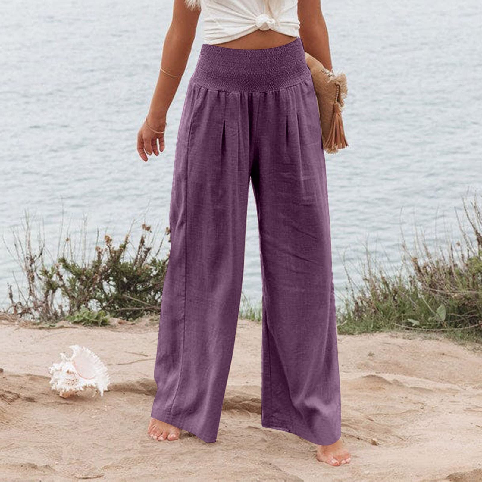 PETYCZEN Women's Cotton Linen Pants Summer Casual Smocked High Waist Straight Leg Sweatpants Relaxed Fit Wide Leg Long Pants Loose Beach Palazzo Pants Trousers with Pockets(A-Purple,Small)