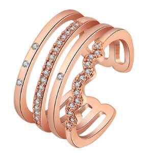 Bcughia Wedding Ring Zirconia, Female Rings Rose Gold Copper White Round Gemstone Four Prong Inlaid Open Ring Proposal Jewelry Ring Gifts Size 8