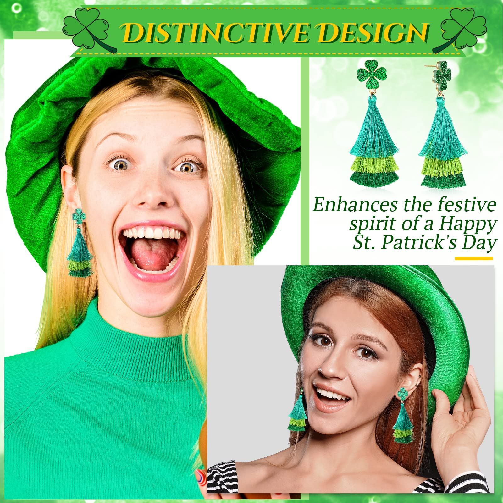 2 Pairs St. Patrick's Day Shamrock Earrings Green Tassel Earrings Layered Shamrock Earrings Dangle Clover St Patricks Day Accessories Green Jewelry Acrylic Earrings for Women Gifts