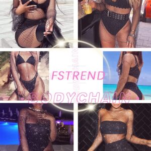 Fstrend Crystal Mesh Body Chains Rhinestone Fishnet Black Crop Top Long Sleeves See Through Bikini (as1, alpha, l, x_l, plus, regular, Black-long clothes)