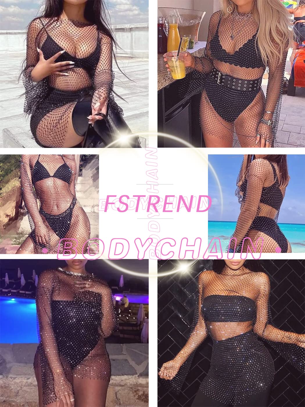 Fstrend Crystal Mesh Body Chains Rhinestone Fishnet Black Crop Top Long Sleeves See Through Bikini (as1, alpha, l, x_l, plus, regular, Black-long clothes)