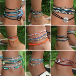 Cindeer 43 Pcs Summer Beach Bracelets for Women Adjustable Friendship Surfer Bracelets Anklets Multilayer String Rope Jewelry Bulk(Vintage)