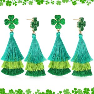 2 pairs st. patrick's day shamrock earrings green tassel earrings layered shamrock earrings dangle clover st patricks day accessories green jewelry acrylic earrings for women gifts