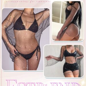 Fstrend Crystal Mesh Body Chains Rhinestone Fishnet Black Crop Top Long Sleeves See Through Bikini (as1, alpha, l, x_l, plus, regular, Black-long clothes)