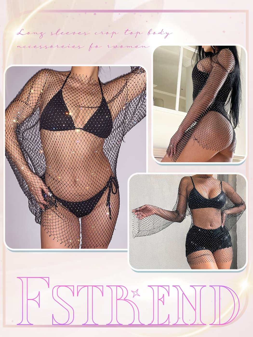 Fstrend Crystal Mesh Body Chains Rhinestone Fishnet Black Crop Top Long Sleeves See Through Bikini (as1, alpha, l, x_l, plus, regular, Black-long clothes)