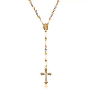 savlano 14k gold plated beaded rosary cross necklace – 6.5mm crucifix cross medallion rosary chain y-necklace for women & men religious jewelry comes in gold, gold-rose-silver with a gift box (tricolor)