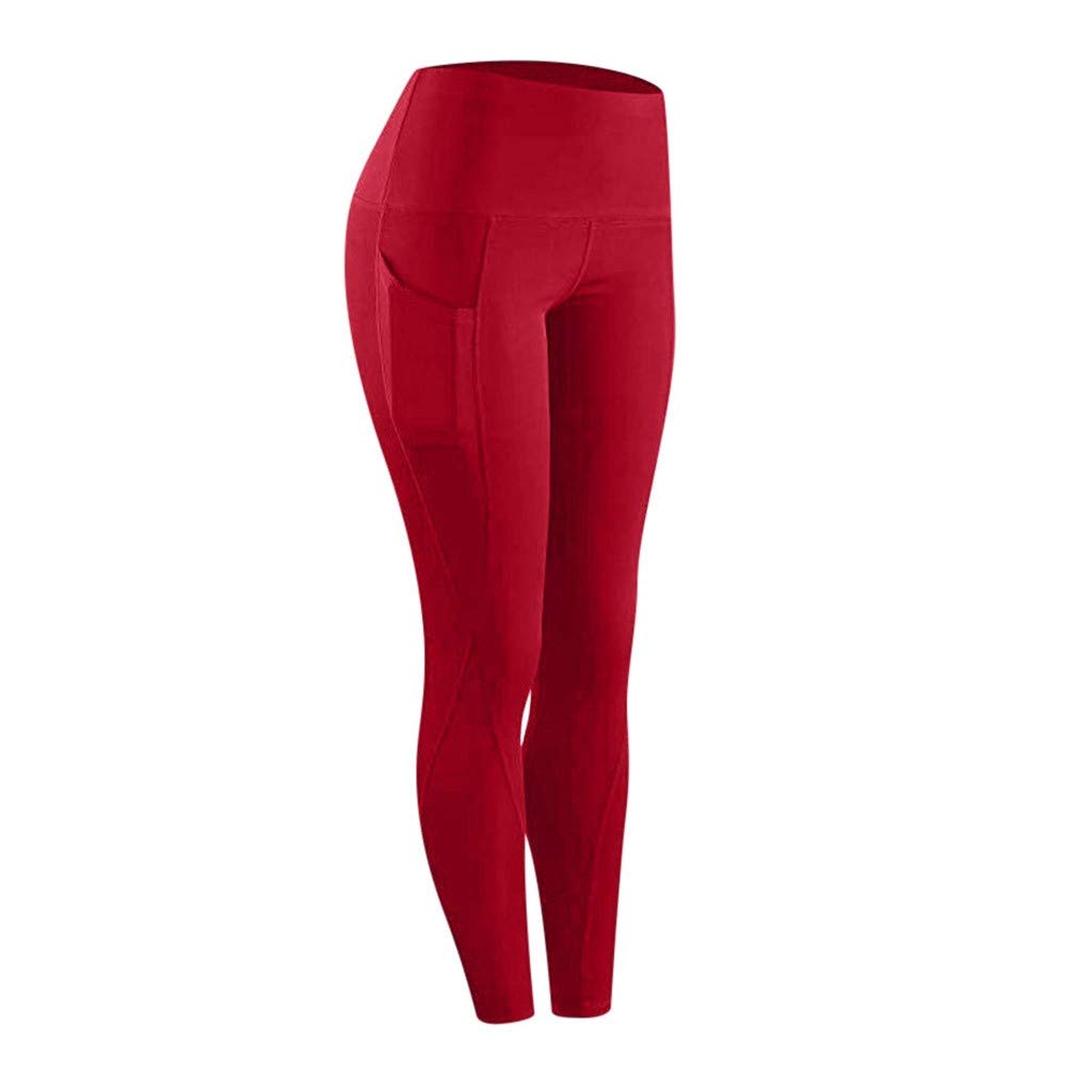 GOBUQIRAN Women' s Workout Leggings Fitness Sports Running Yoga Casual Pants High Waist Soft Pants with Pockets Red