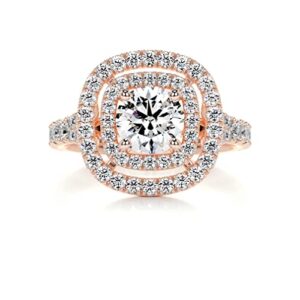 Solid Gold Handmade Engagement Ring 2 CT Round Cut Moissanite Diamond Double Halo Bridal Wedding Ring for Anniversary Propose Gifts (18K Solid Rose Gold)