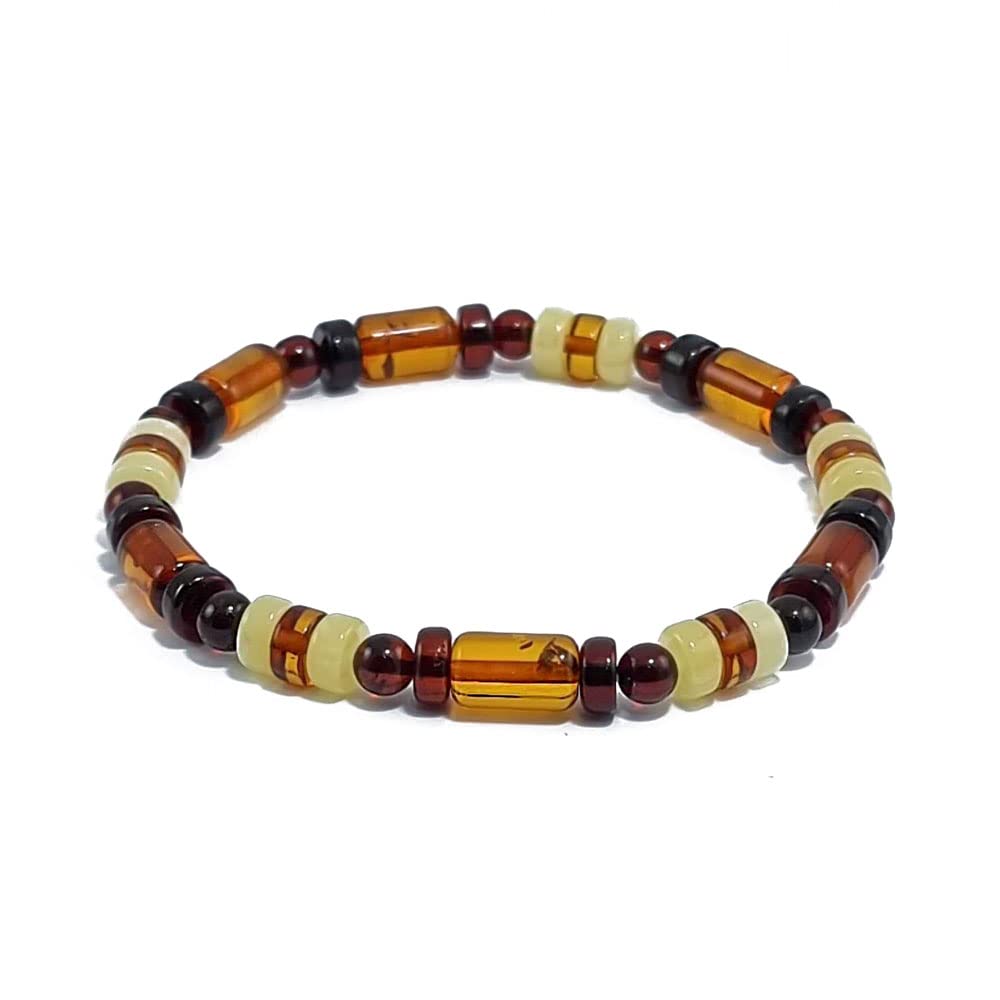 AMBER ALEX Multi-Color Amber Round, Barrel & Tablet Beads Stretch Bracelet. Genuine Baltic Amber.