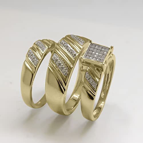 Pretty Jewels 10k Yellow Gold 0.20 Carat (ctw) Round Cut Natural White Diamond Three Row Anniversary Wedding Trio Ring Sets For His & Her (Color: H-I, Clarity: I1-I2) Wsize-4.5 & Msize-9.5